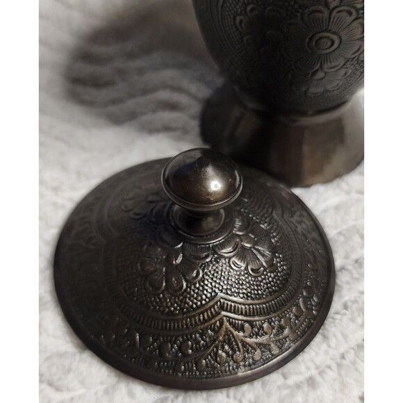 BEAUTIFUL Vintage 3pc BRONZE AntiqueBrass ETCHED 5"TrinketBox Lid 4"Saucer INDIA - Picture 15 of 16